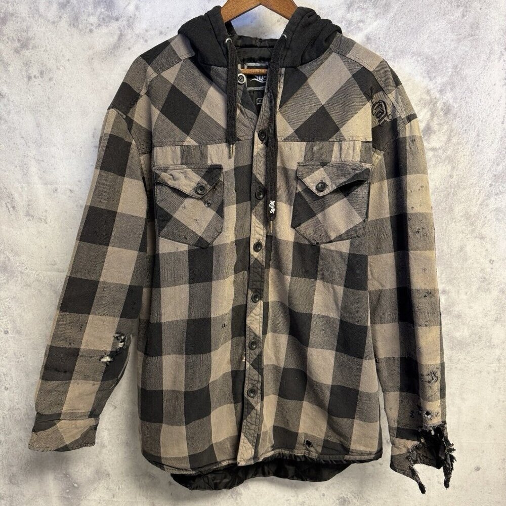 So Cal Button Up Jacket Mens XL Plaid Insulated Hoodie Embroidered Grunge Y2K